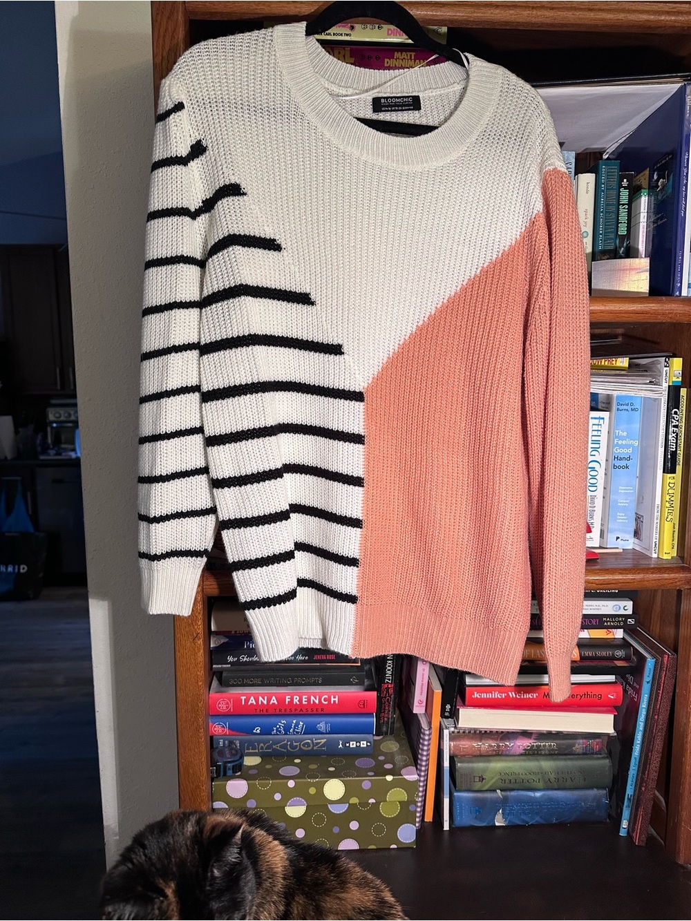 BloomChic Peachy/Pink, White & Black Striped Colorblock Crew Sweater - Picture 4 of 4